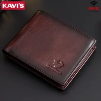 Cartera KAVIS hecha a mano para hombre, tarjetero RFID de cuero genuino con ventana de identificación, bolsa de almacenamiento para dinero masculina de gran capacidad a la moda