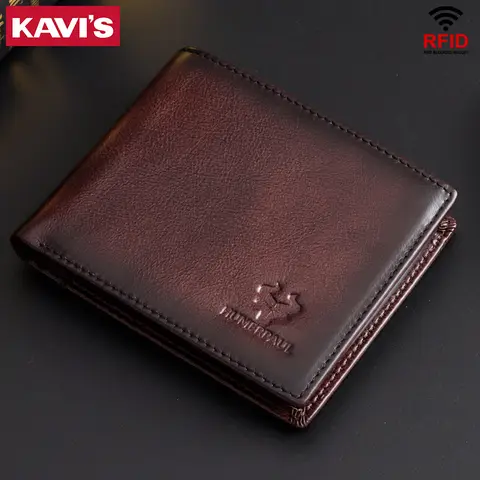 KAVIS 수제 남성용 지갑 정품 가죽 RFID 카드 소지자 ID 창 대용량 남성용 보관 돈 가방 패션