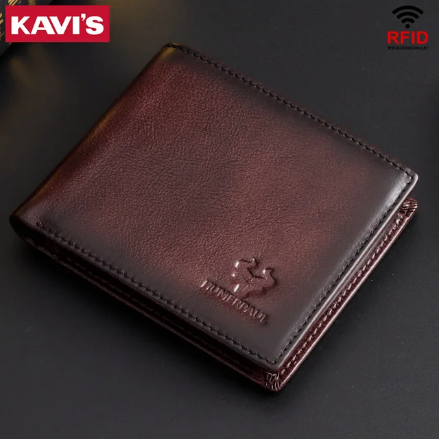 KAVIS Ręcznie robiony portfel męski z prawdziwej skóry RFID z okienkiem na dowód Duża pojemność Męska torba na pieniądze Moda