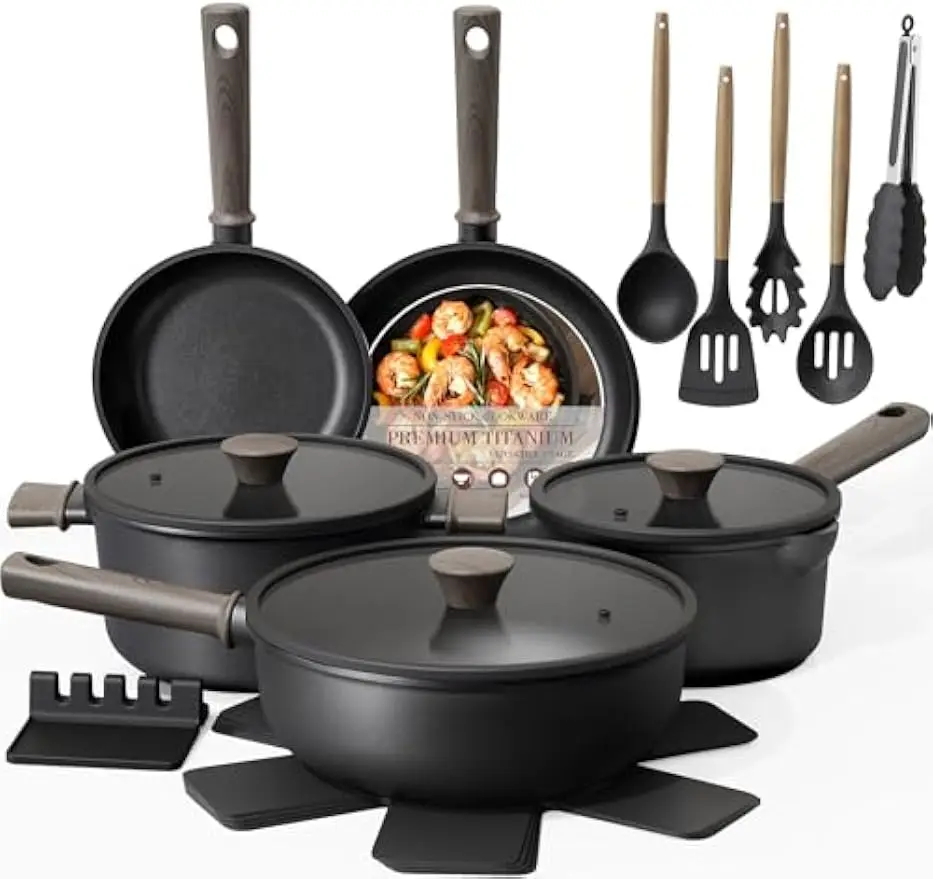 19 Pcs Pots Pans Set Non Stick Black Titanium Induction Kitchen Cookware Sets Non Toxic Healthy Cooking Frying Pans PTFE PFOA PF