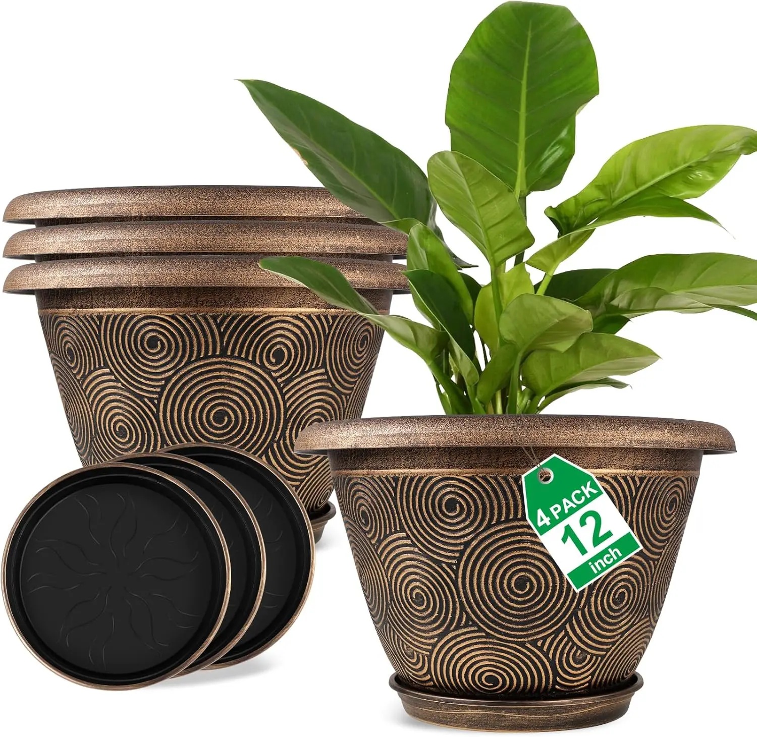 

12 Inch Large Planter Pot for Plants Indoor Outdoor, 4 Pack Plastic Flower Pots with Drainage Hole & Tray, Modern Decorative Gar
