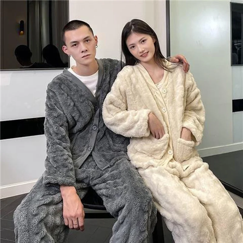 2023 Winter Men\'s Warm Pajama 2Pcs/Set Thick Flannel Pyjama Women Simple Soft Fleece Pyjamas Elastic Waist Couple Sleep Homewear