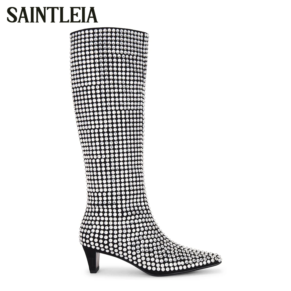 Crystals Crown Jewel Knee Boots Snip Toe Thick Kitten Heel Tall Boots Black Faux Suede All over Rhinestone Embellishments Boots