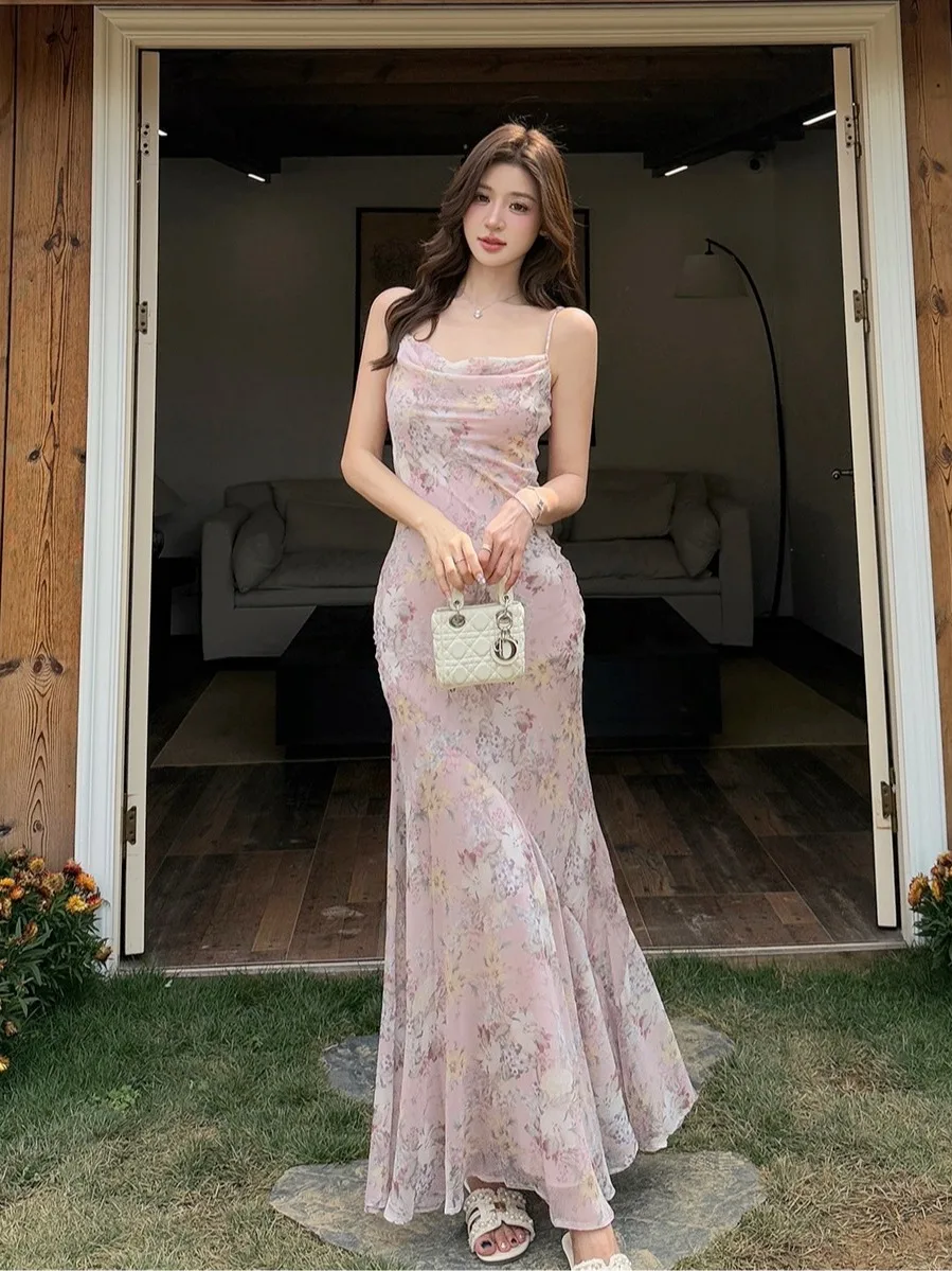

Elegant Floral Print Fish Tail Dress Summer New Style Slim Fit Wrap around Neckline Luxury Sensation Women's Skirt Casual Com...