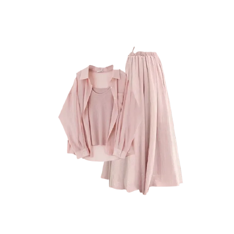 Women's 2025 Summer New Sunscreen Shirt+Strap+Wide Leg Skirt Pants 3-Piece Set Korean Elegant Cardigan Trousers Matching Set