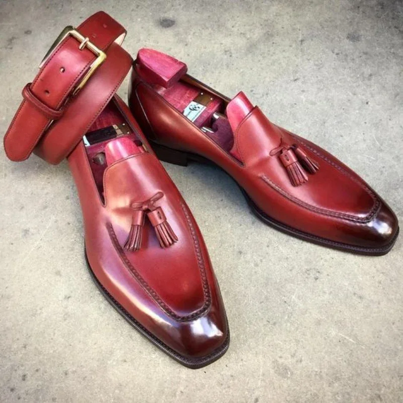 Loafers for Men Wedding Shoes Red Pu Leather Tassels Men Handmade for Men Shoes Zapatos Hombre Vestir