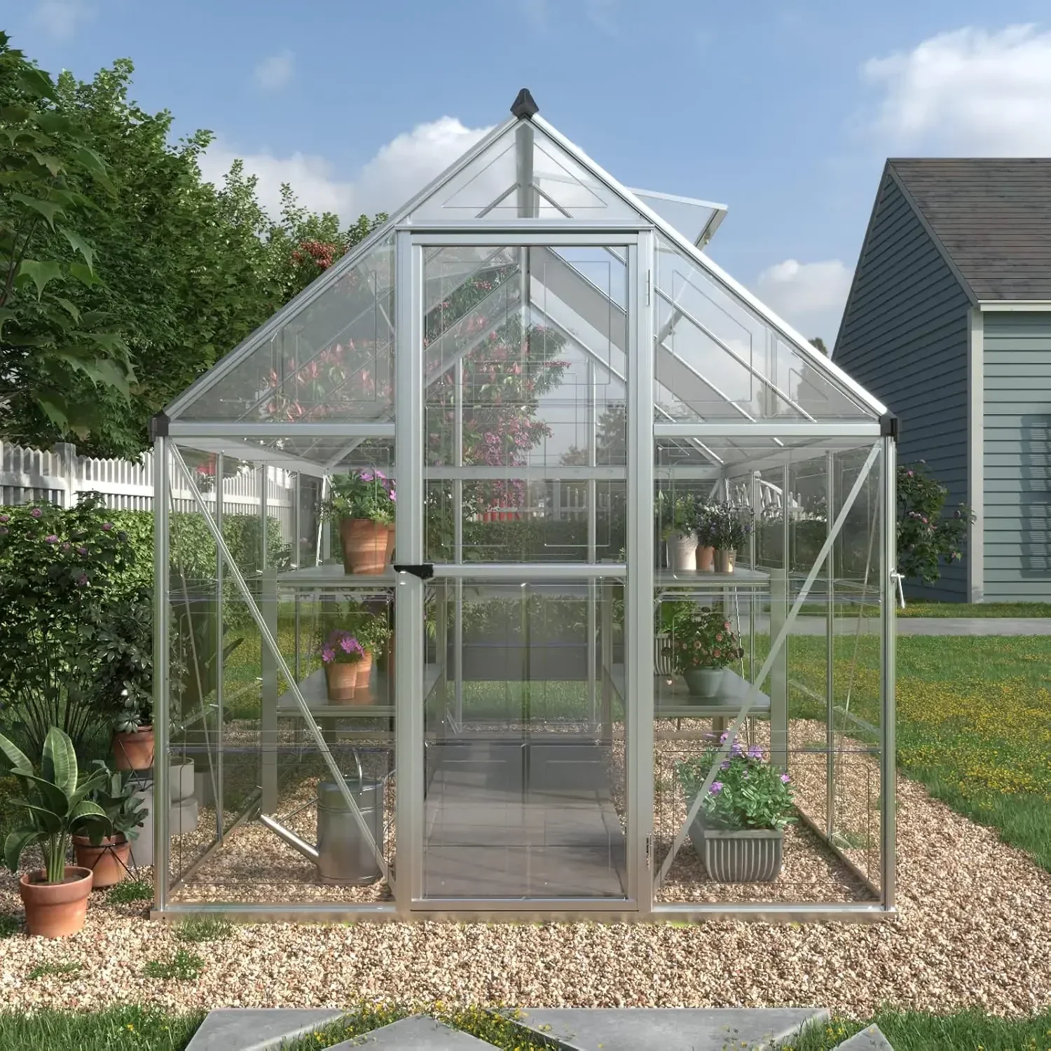 6x8 FT Hybrid Polycarbonate Greenhouse 2 Vent Window with Lockable Hinged Door Walk-in Hobby Greenhouse Aluminum Hot House