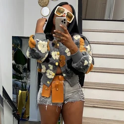 Streetwear Winter Warm Thick 3D Flowers Patchwork Jacket Women Puff Long Sleeve Single-breasted Baseball Coats Vintage Outwear