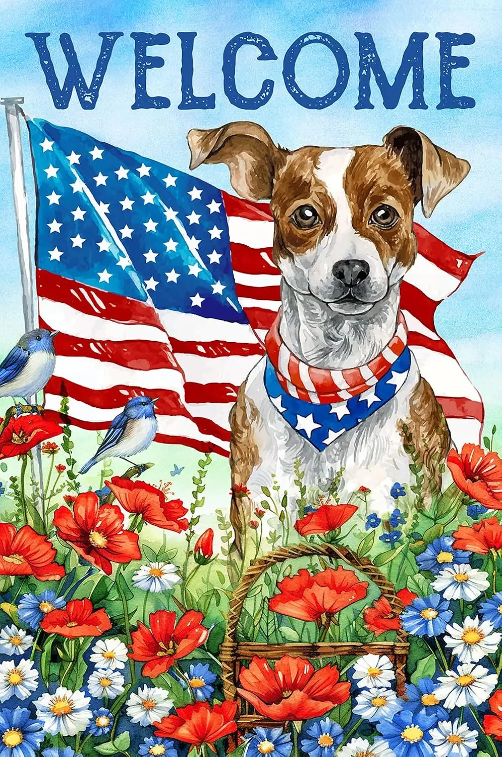 Texupday Welcome Patriotic Dog Colorful Floral Decoration Spring Summer Memorial Day Garden Flag USA Independence Day July 4th O