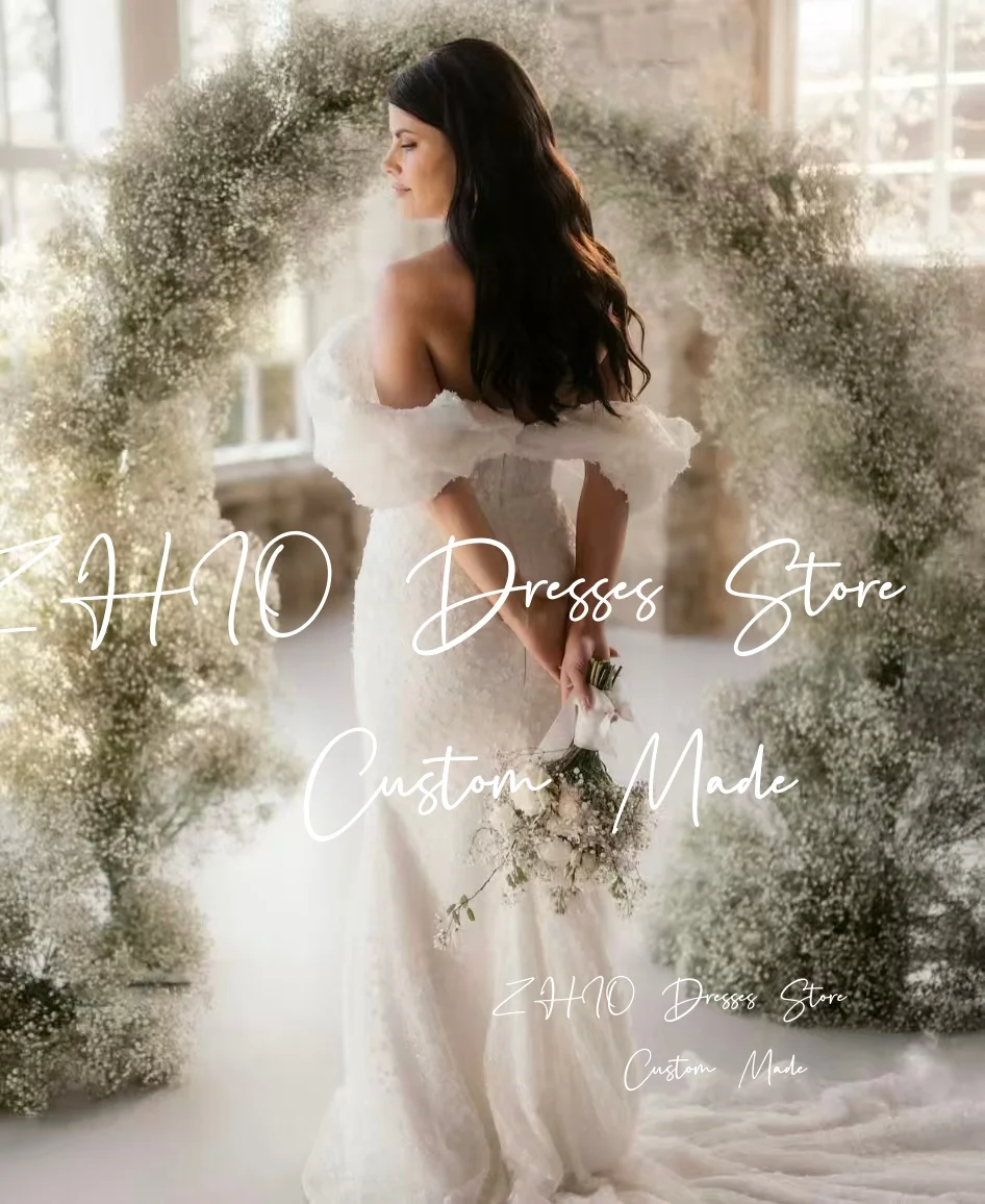 ZHIO elegante off-shoulder trouwjurk lieverd zeemeermin sweep trein ivoor bloemen tule bruidsjurk op maat gemaakte Robe De Mariée