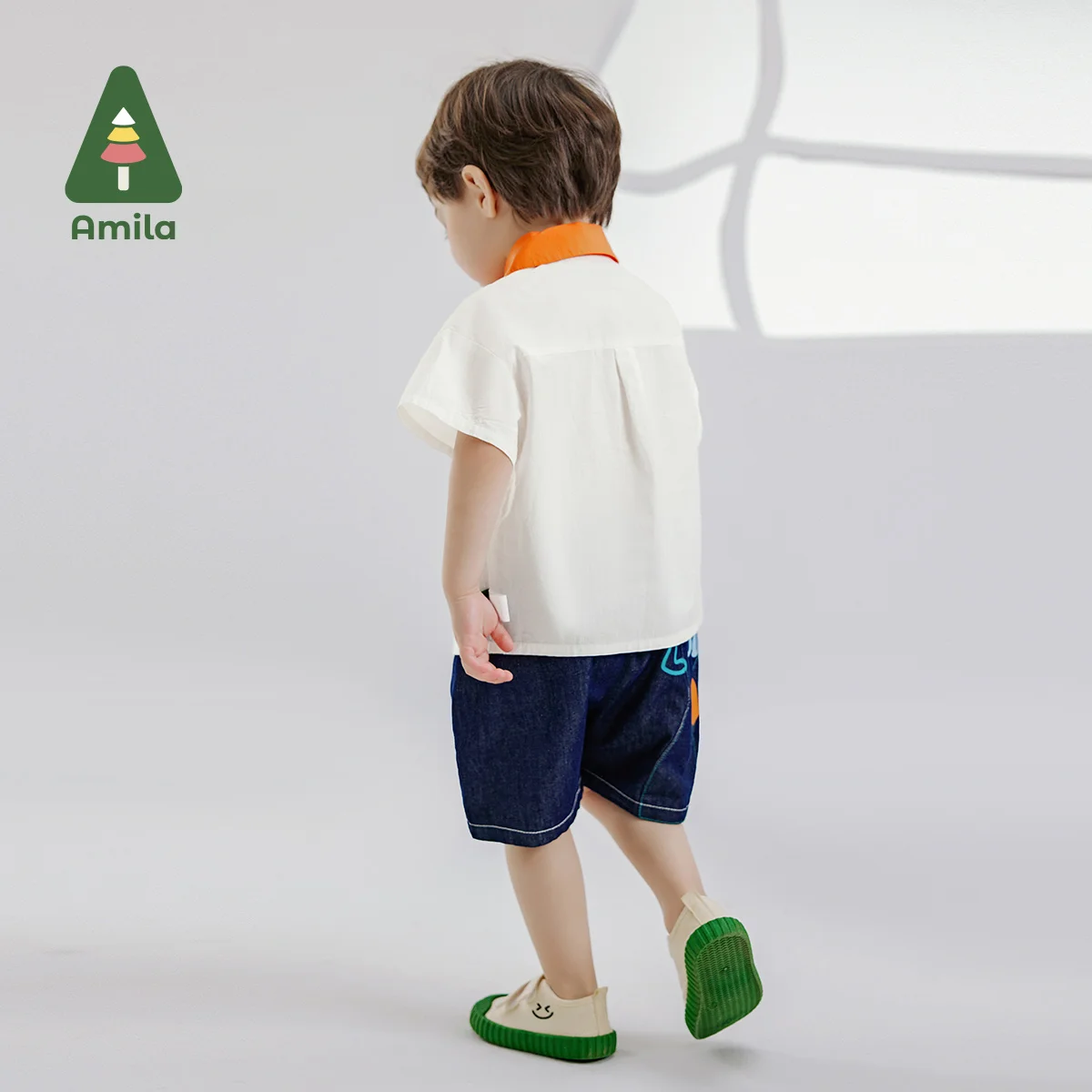 Amila 2024 Summer New Boys Top with Contrasting Collar and Pocket Casual Tie Shirt Kids Clothing 0-6Y