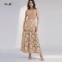 VGH Hit Color Hollow Out Backless Dress For Women V Neck Sleeveless High Waist Spliced Embroidery Temperament Dresses Female New