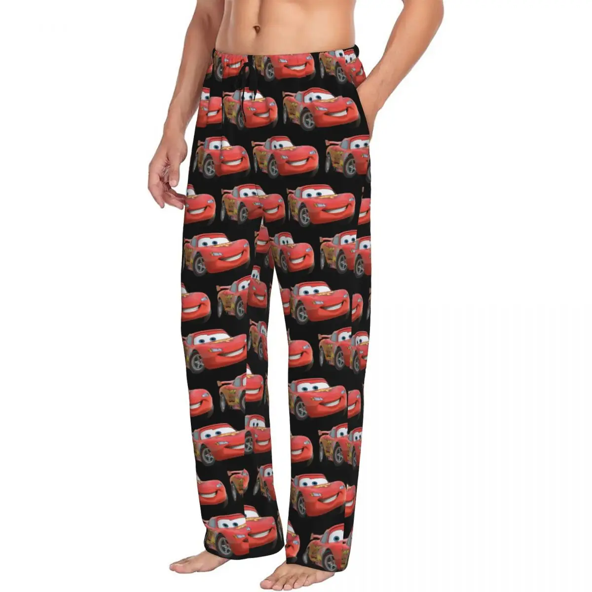 Relâmpago Mcqueen dos homens dos desenhos animados calças pijama carros, pijama vermelho, cós elástico, Sleep Lounge Bottoms com bolsos,