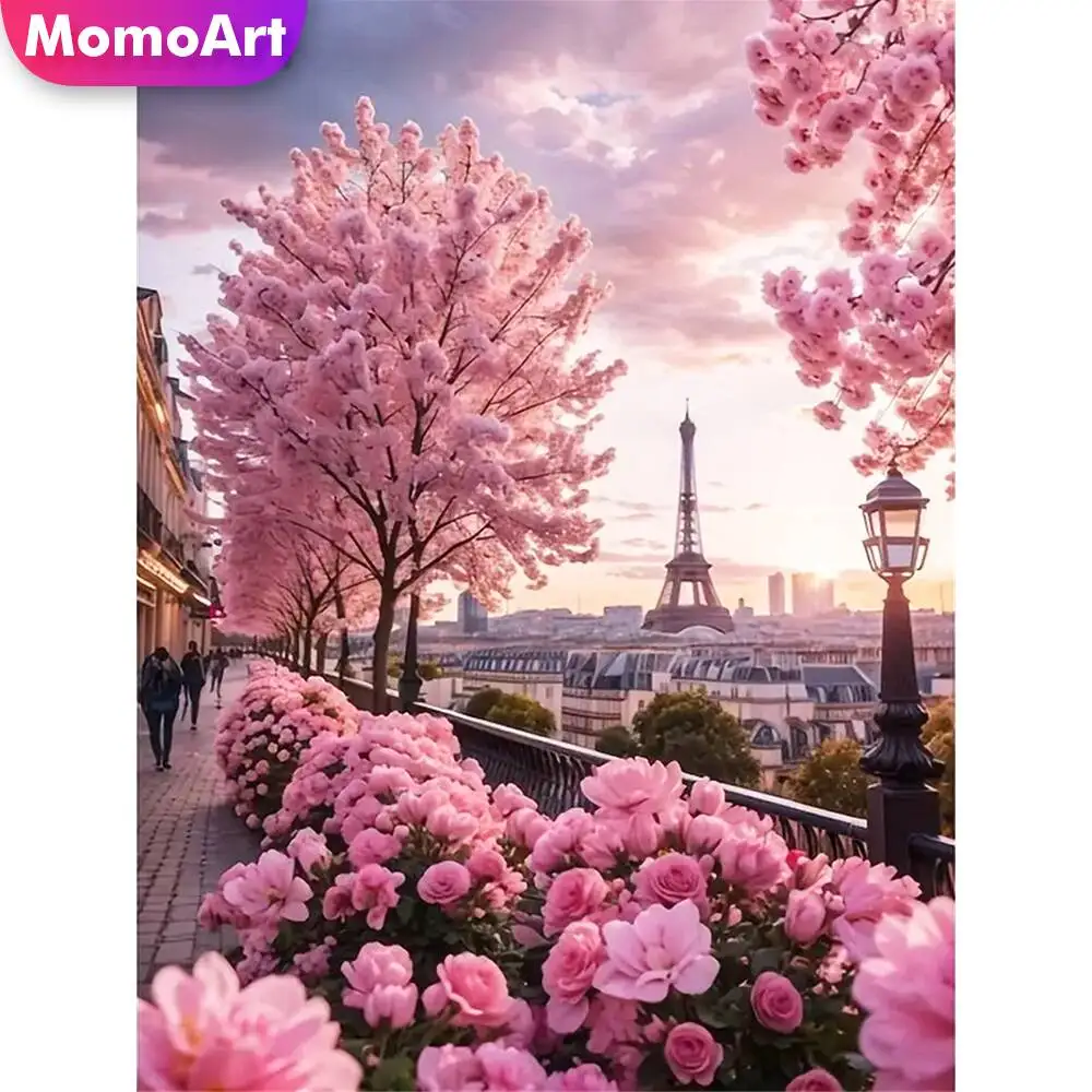 Momoart Street Diamond Mosaic Tree Flower Landscape DIY Acrylic Craft Supplies Diamond Painting Eiffel Tower Child Gift