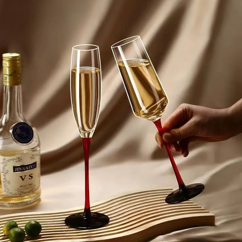 Elegant Black Bow Red Stem Champagne Flute Crystal High Foot Goblet for Wedding Party Luxury Bar Home Decor