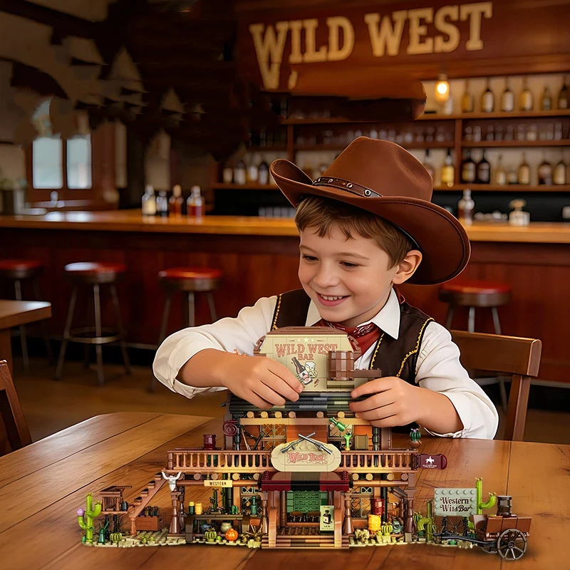 1902Pcs City Street View Cowboy Western Bar Building Blocks MOC Vintage Villa Party Assemble Simulation Model Bricks Toys Gifts