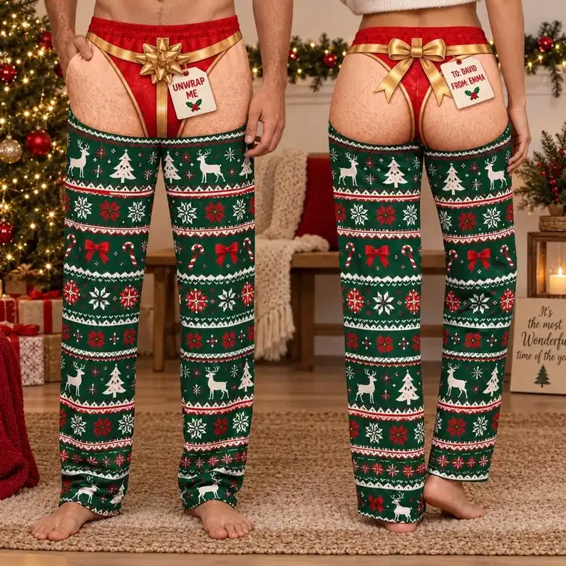 Men Women Funny Christmas Wide Leg Pants Fair Isle Reindeer Tree Fake Thong Cutout Print Xmas Couple Party Novelty Prank Costume