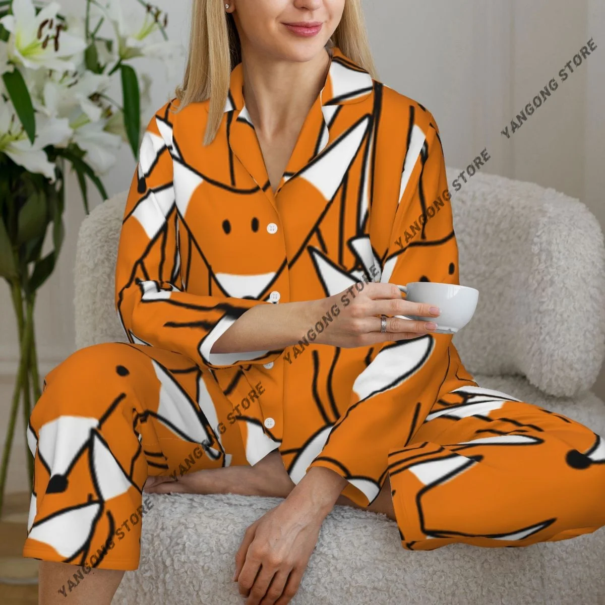 Women Sleepwear Pajamas Foxes Long Sleeve Pijama Female Set Negligee Cardigan Suit