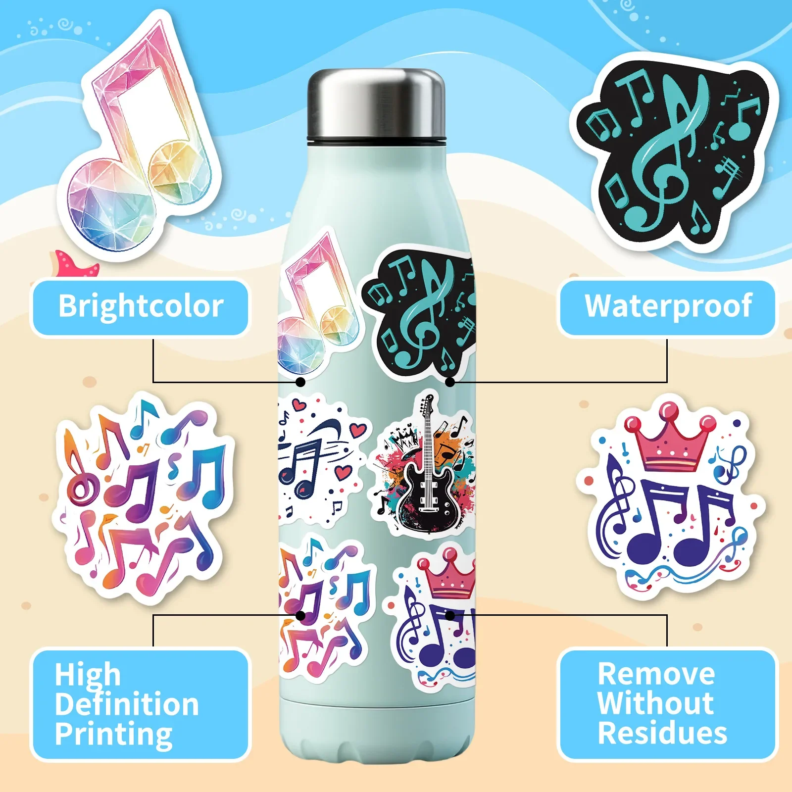 50 SZTUK Naklejek z Nutami Muzycznymi Graffiti Kreskówkowe Indywidualne Kreatywne Naklejki na Pianino do Laptopa Telefonu Kubka Gitary Wodoodporne
