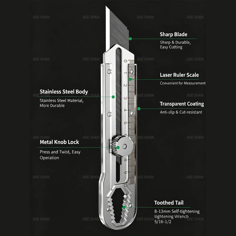 Multi Functional Utility Knife Stainless Steel Box Cutter SK5 Blade With Ruler Wrench for DIY Craft Carton Cutting Hand Tools
