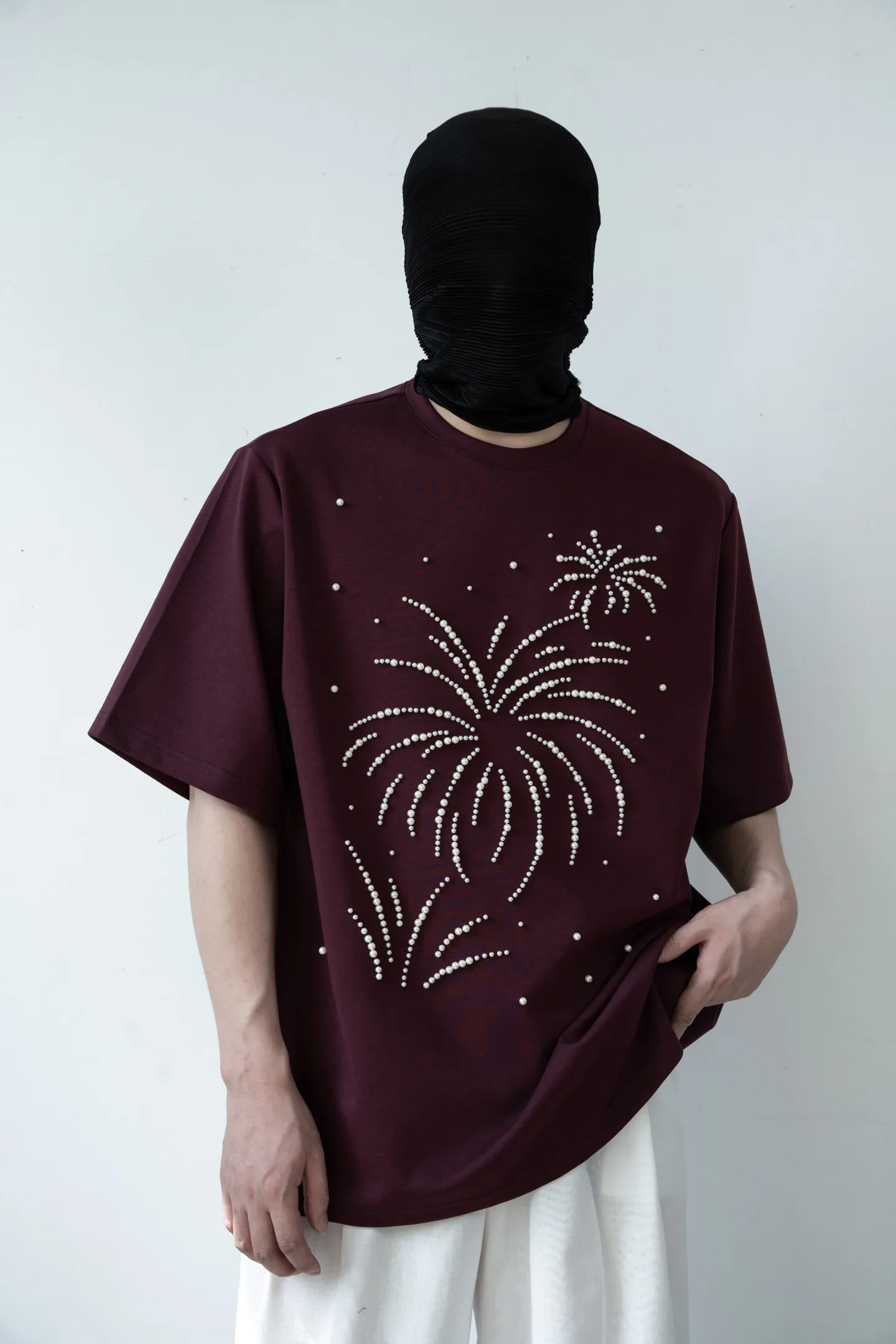 2026 Summer Men's Pearl Beaded Loose Casual Purple Black White Round Neck Short Sleeve T-Shirt for Men Daily Wear