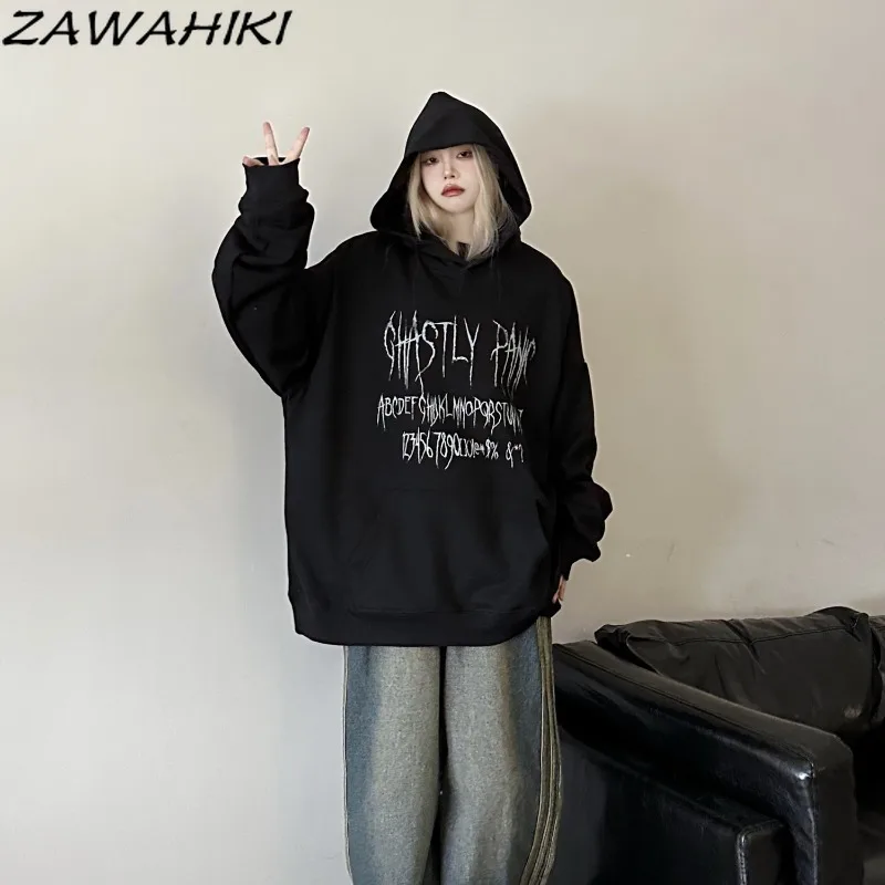 Sweatshirt Hoodie American High Street Fashion Loose Oversize Streetwear Vintage Letter Print Pullover Dark Kpop Clothes Mujer