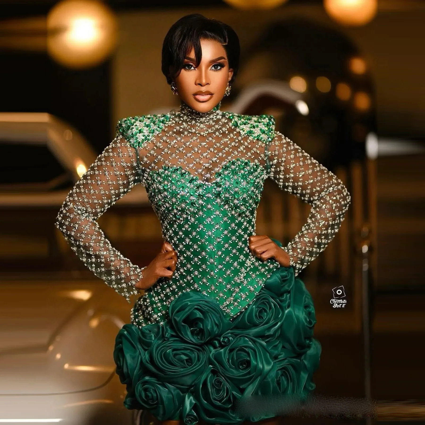 Emerald Green Prom Dress Full Sleeves Floral Prom Dresses Beaded Vintage Illusion 3D Flower Evening Formal Party Gowns Short