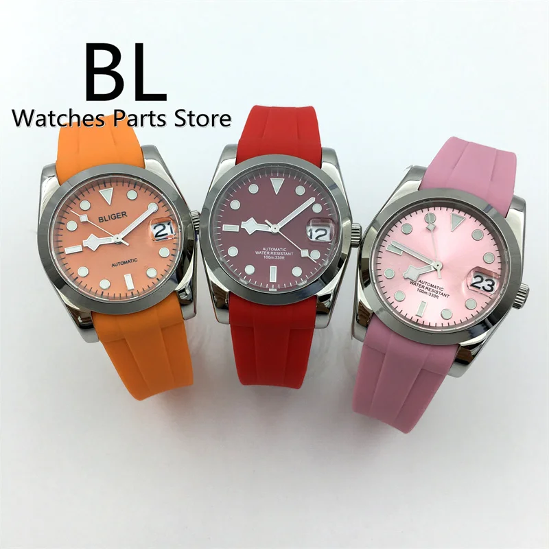 BLIGER 36mm/39mm Fashion Watch Multicolor Dopamine Color Rubber Strap RED Orange Pink Dial Green Luminous NH35 Movement Sapphire