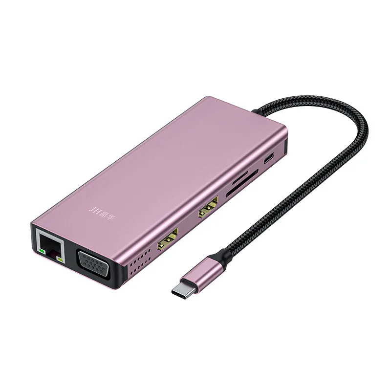 Type-C to PD multi-function 12-in-1 docking station dual-screen different display gold pink