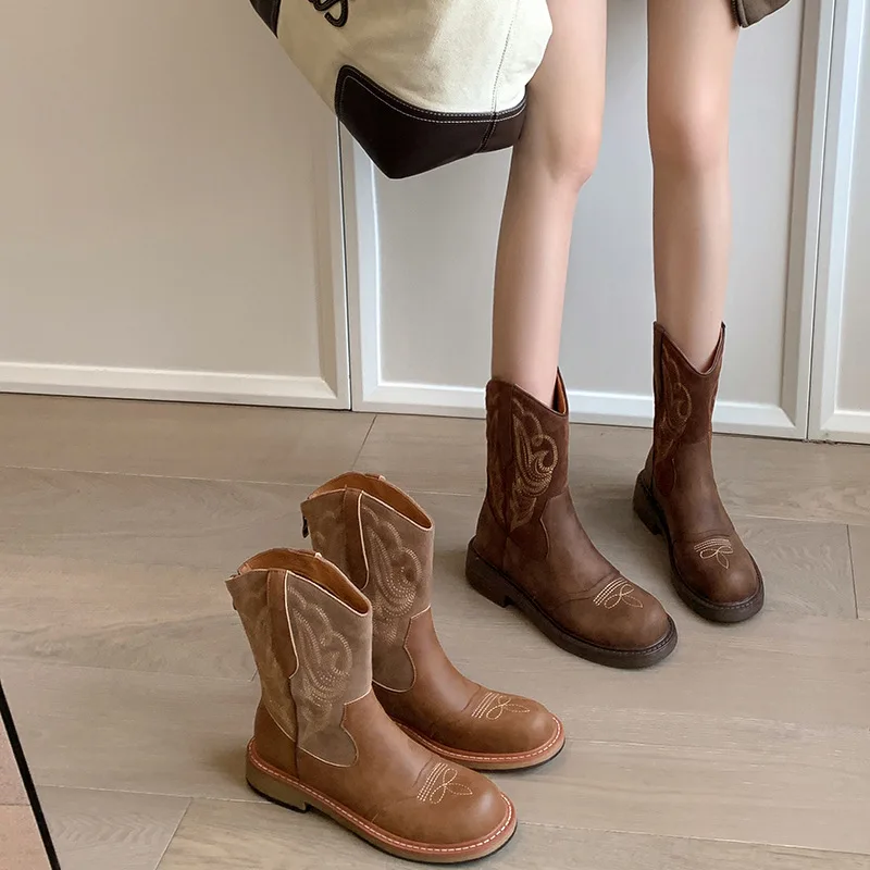 

Cowboy Boots for Women in Autumnv V intage Embroidered Punk Style Pointed Brown Fashion Mid-Calf Chunky Heel Riding Boots
