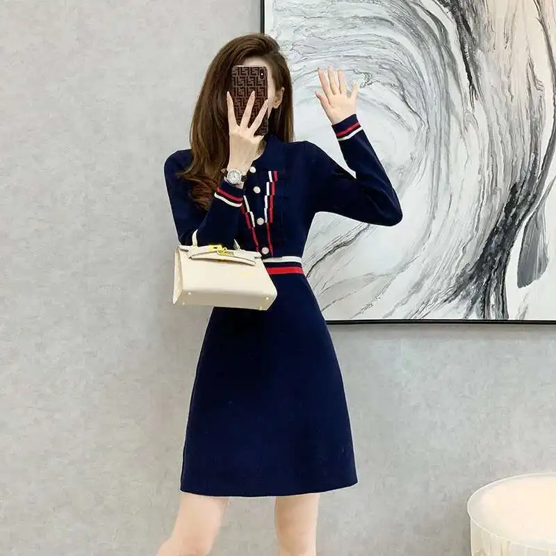 #0949 Navy Blue Sweater Dress Women Polo Collar Buttons Office Knitwear Mini Dress Female Slim Sexy A-line Short Knitted Autumn