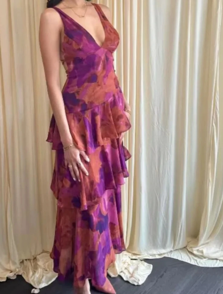 Robes longues à volants élégantes, Sexy, décolleté en V profond, imprimé Floral, style Boho, plage, vacances, robe de soirée décontractée, nouvelles robes