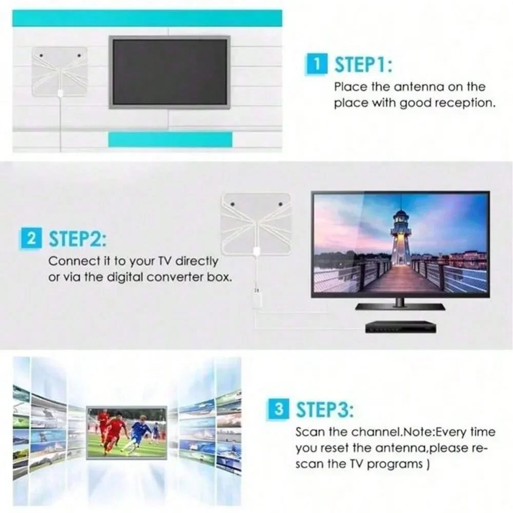 هوائي تلفاز رقمي ذو مكاسب عالية ، قابس صندوق تلفزيون رقمي بدقة 4K ، هوائي معزز بطول أميال ، هوائي داخلي نشط ، تصميم مسطح عالي الدقة