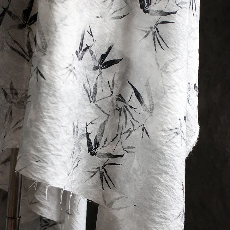 Bamboo Leaf Ink Dyeing New Chinese Style Bamboo Printed Clothing Fabric Thin Vertical Skirt Designer Fabric