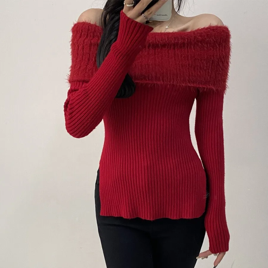 Korean Pure Desire Hot Girl One Shoulder 2024 Autumn Winter Chic Knitted Sweater Mink Veet Top For Women