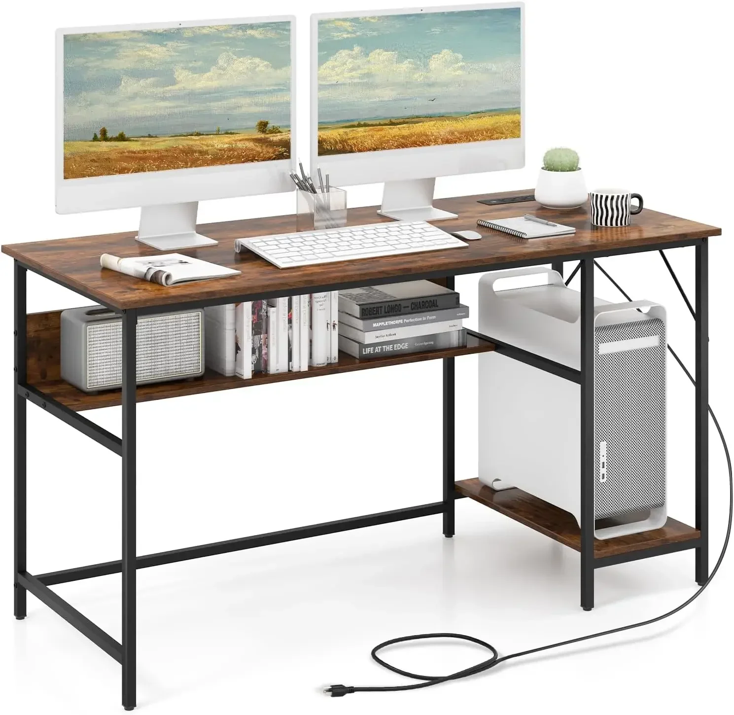 

55 Inch Computer Desk with 4 Power Outlets & 2 USB Ports, Home Office Desk with Built in Charging Station with Switch