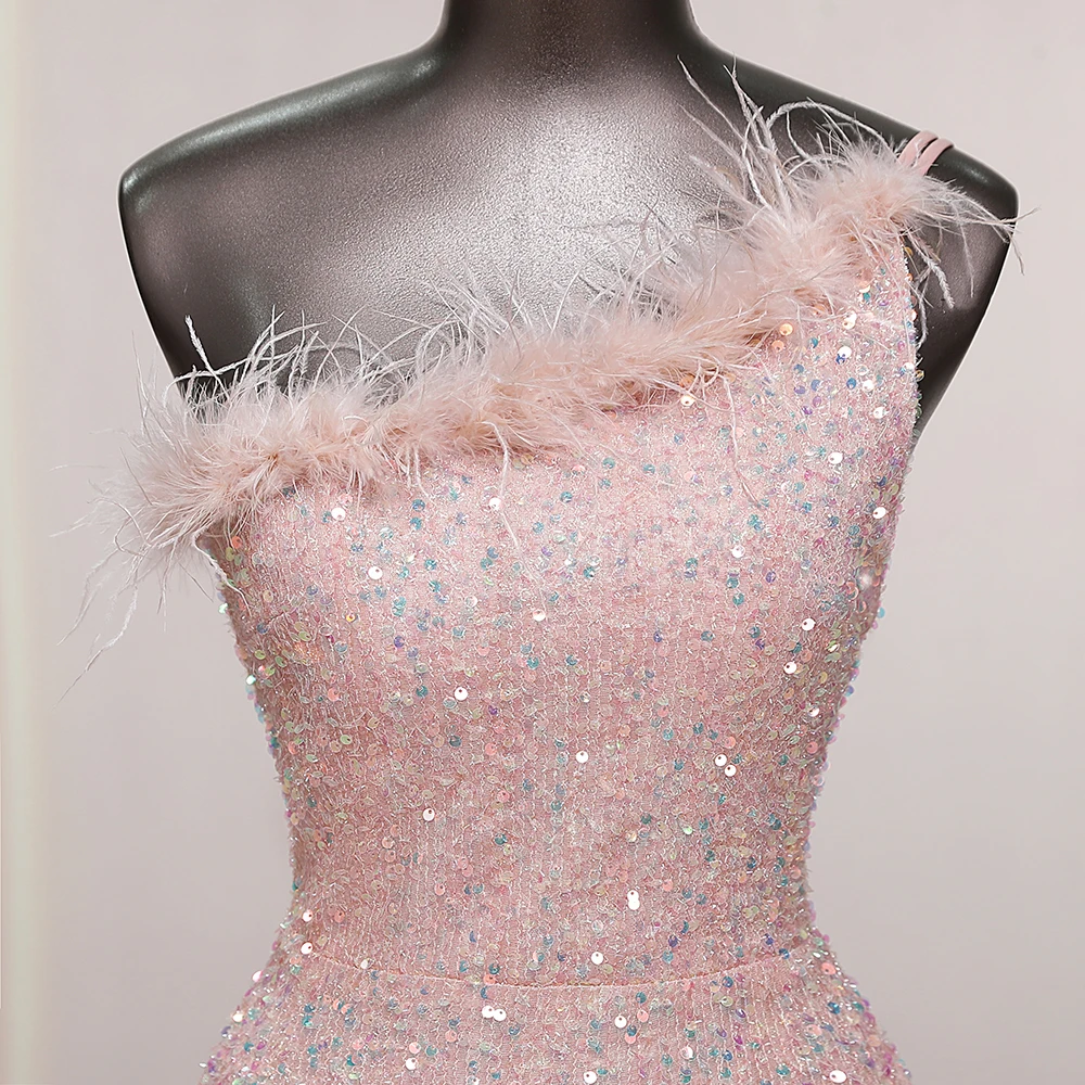 One-Shoulder Sequins Long Mermaid Pink Side Slits Fur Collar Evening Dress Women Prom Party Dresses  robes de soirée Bride Dress