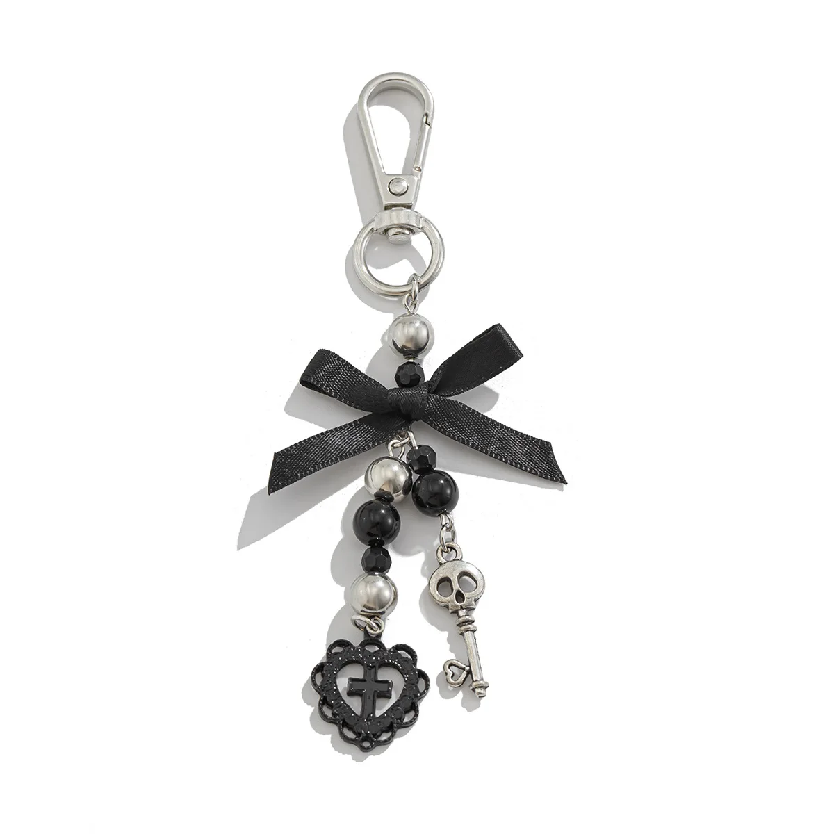 Gothic Black Ribbon Bow Keychain Beaded Hollow Cross Heart Skull Key Pendant Bag Key Accessories Gift