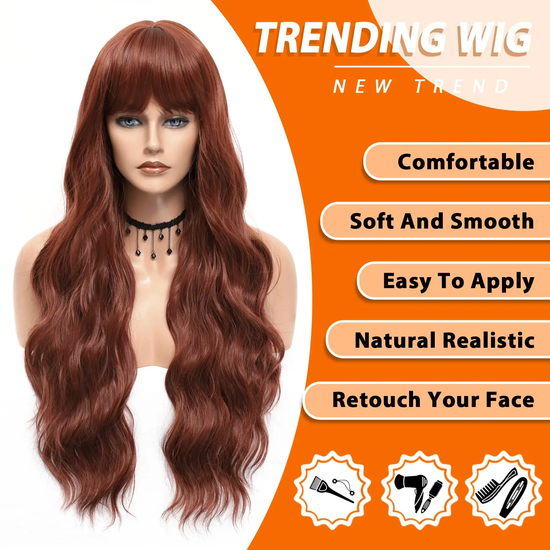 Brown synthetic wig with big waves for Halloween cosplay, cosplay wig, high-temperature silk wig set for daily wear.