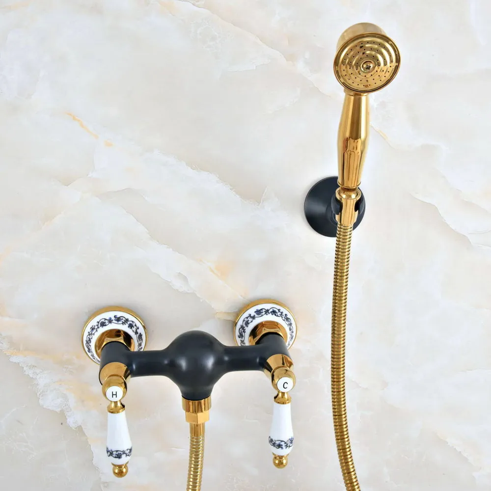 

Black Oil Rubbed & Gold Brass Wall Mount Bathtub Faucet with Handheld Shower Set +1500MM Hose Mixer Tap 2na505