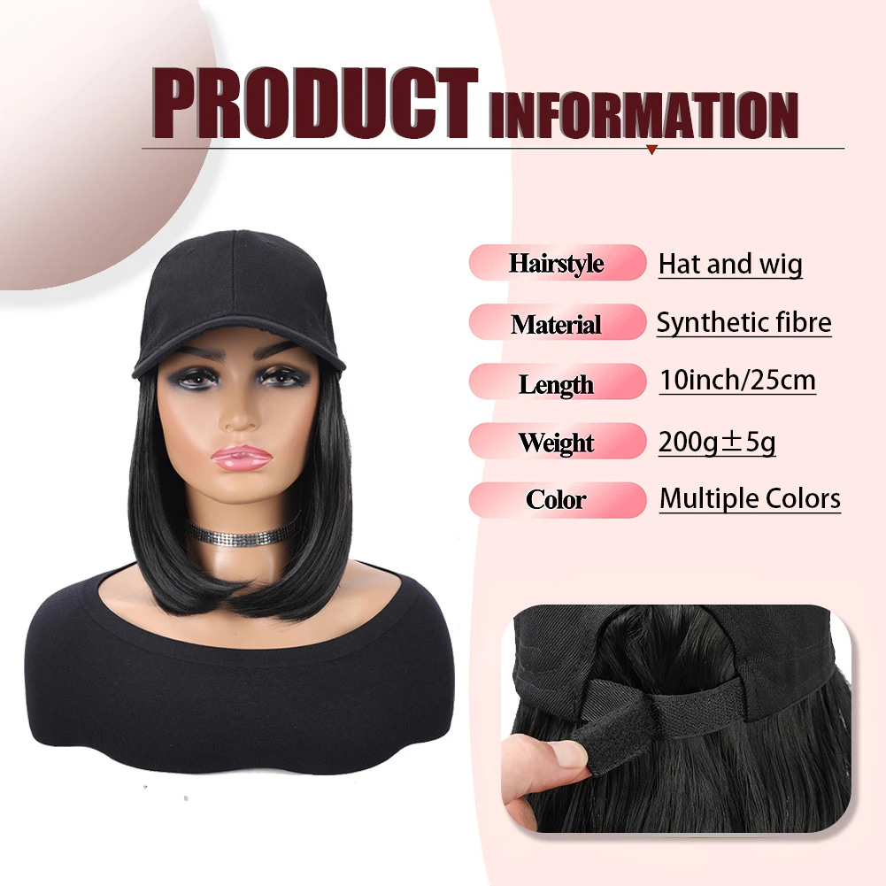 Baseball Cap with Synthetic Hair Extensions 10 Inches Straight Short Bob Hairstyle Adjustable Wig Hat for Women Girls