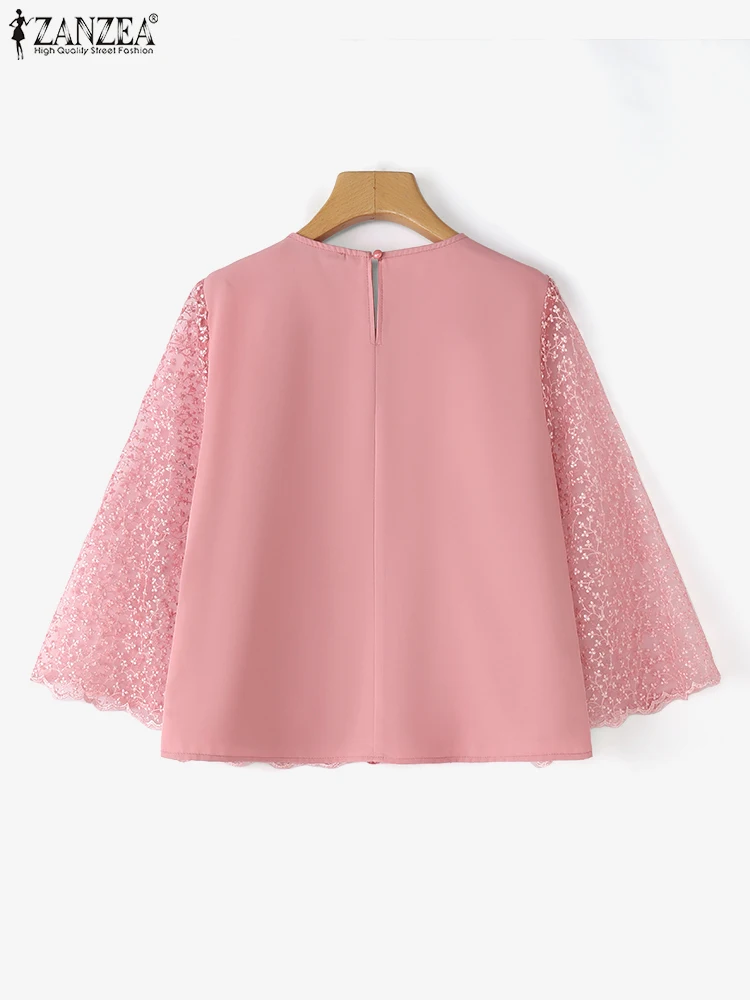 ZANZEA-Blusa elegante para mujer, Tops tipo túnica transparentes, camisas de encaje de retales a la moda, Blusas holgadas informales con manga acampanada 3/4