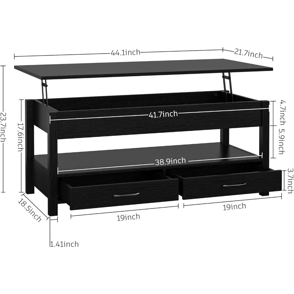 コーヒーテーブル、隠しコンパートメント付きリフトトップコーヒーテーブル、引き出し2つとオープンシェルフ1つ、レトロな中央木製テーブルリフトテーブルトップ