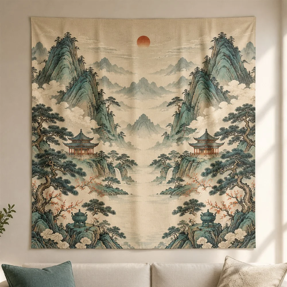 VIKAMA Chinese Blue Green Landscape Mirror Symmetric Tapestry Wall Hanging, Oriental Wall Decor
