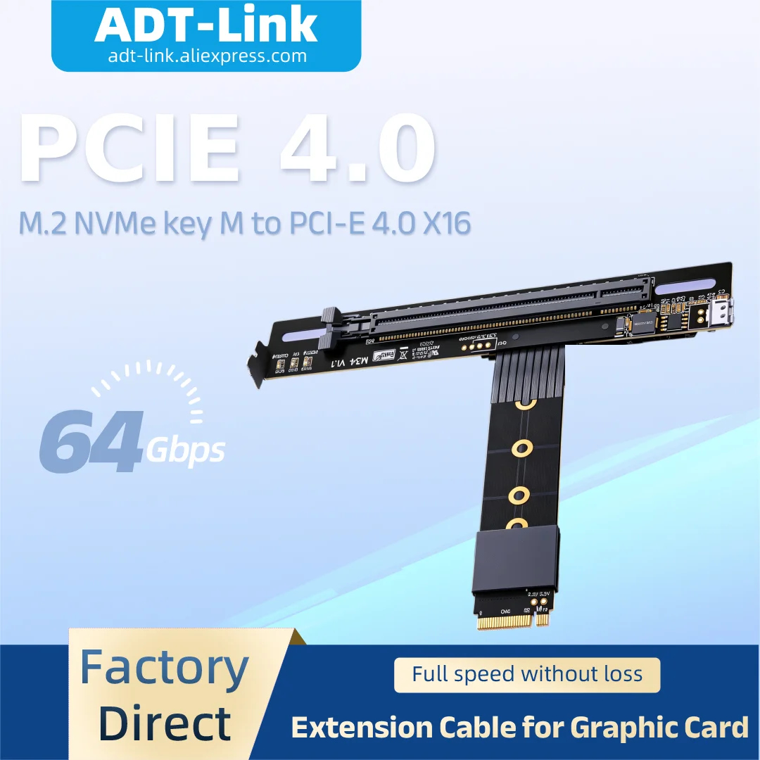 ADT-Link 64Gbps PCIe 4.0 x16 to M.2 NGFF NVMe Adapter M Key Gen4 Graphics Card Extension Cable for ATX Vertical Installation