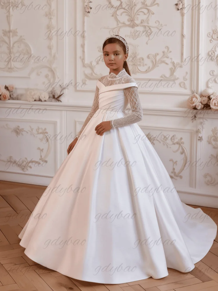Elegant White Satin Customized Flower Girl Dress for Wedding High Neck Lace Long Sleeve Off Shoulder with Oversized Back Bow