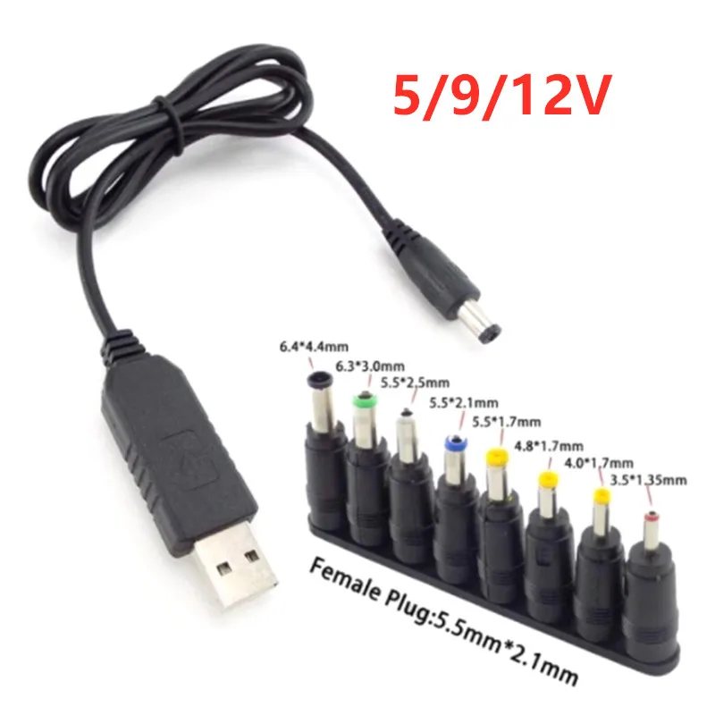 8in1 5V USB do DC 5V 9V 12V 5.5x2.1mm 3.5mm 4.0mm 4.8mm 6.4mm 5.5x2.5mm wtyczka zasilania kabel zasilający przewód ładujący dla wentylatora głośnik