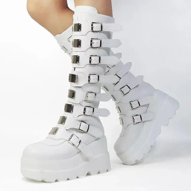 Długie kozaki damskie, buty gotyckie, platformy, kozaki do kolan, punkowe czarne seksowne buty motocyklowe, nowe buty damskie na Halloween, do cosplayu.