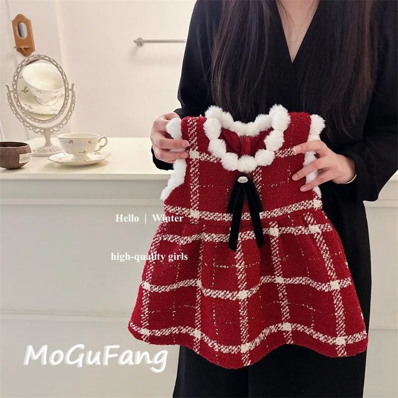 

01-Girls' Bowknot Gold Thread Vest Dress Vintage Children's Autumn Winter First Birthday Dress Red Plaid Dress Baby Dress