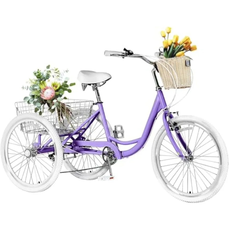 

7 Speed Adult Tricycles for Adults 20/24/26 inch 3 Wheel Bike with Basket Three-Wheeled Cruiser Bicycles for Women and Men in B